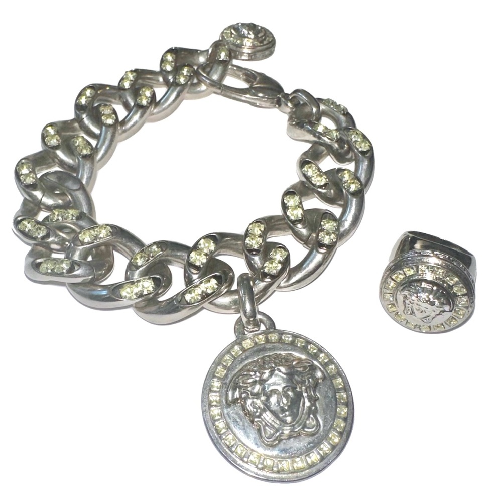Versace Adjustable Silver Chain Link Bracelet & Ring
